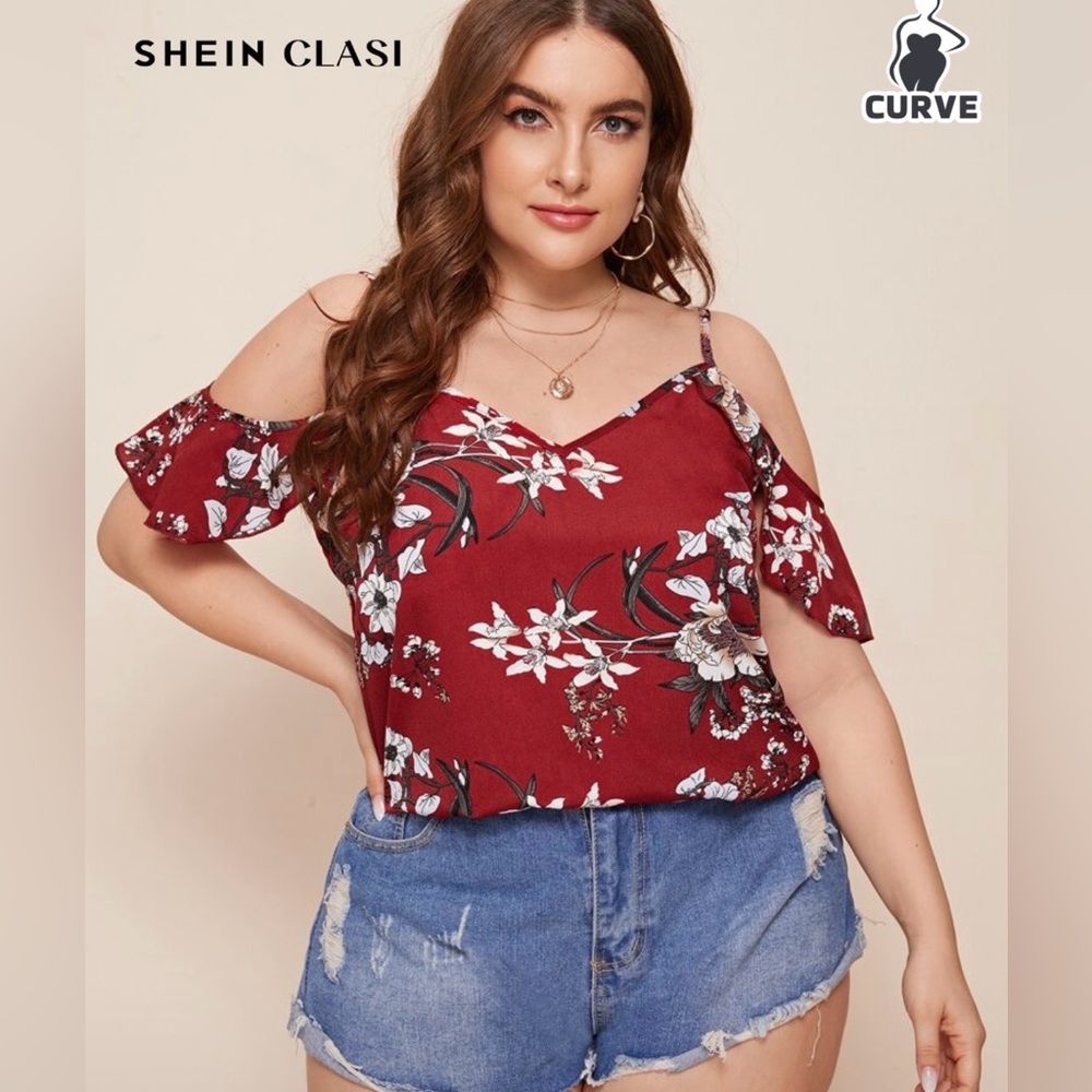 Floral Cold Shoulder Blouse - Red